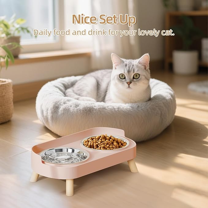 Elevated Cat Bowl, Raised Cat Food and Water Bowl Set for Indoor Cats, Splash Proof with 2 Stainless Steel Pet Food Bowls for Cats and Puppies, Whisker Fatigue and Dishwasher Safe - Pink