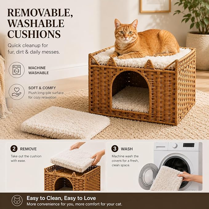 Cat Bed with Ears - Handwoven Rattan Cat Cave House for Indoor Kittens, Foldable Hideaway with 2 Removable Cushions, 16.5x16.5x13.2 Inch Natural Pet Cube for Living Room/Bedroom Natural