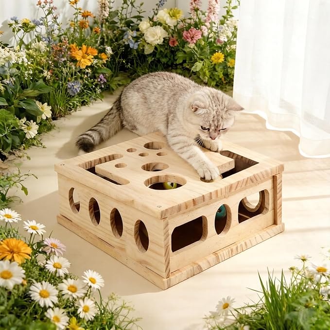 Cat Nail File Scratcher, Cats Claw Saver Box with 3 Balls, Large Solid Wood Construction Cat Nail File Enrichment Box with Sandpaper Inside,Alternative to Nail Clippers