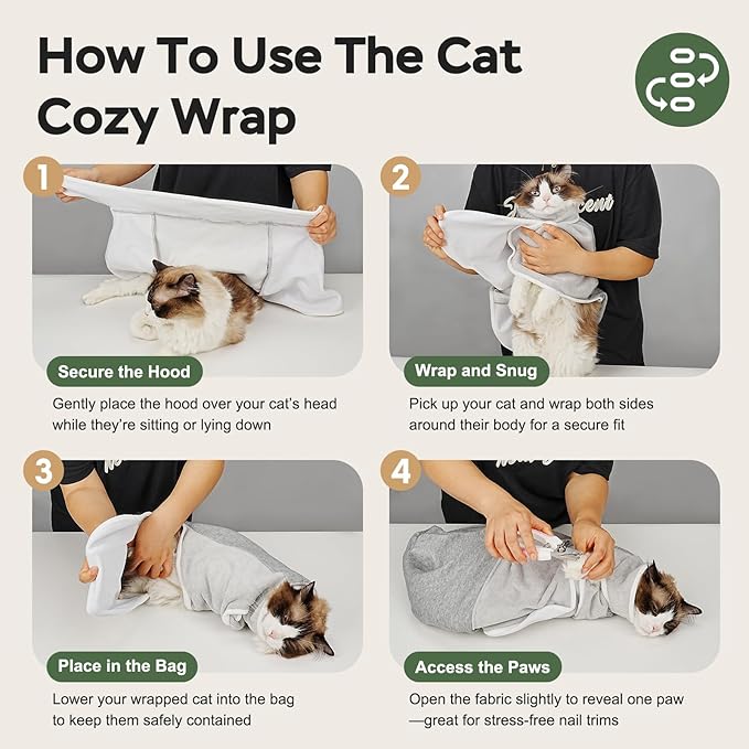 Cat Wrap for Cutting Nails, Self-Adhesive Cat Nail Clipping Restraint Bag, Anti-Scratch Cat Grooming Wrap Swaddle for Meds, SubQ Fluids, Ear Cleaning, Teeth Brushing & Vet Visits,Grey,S