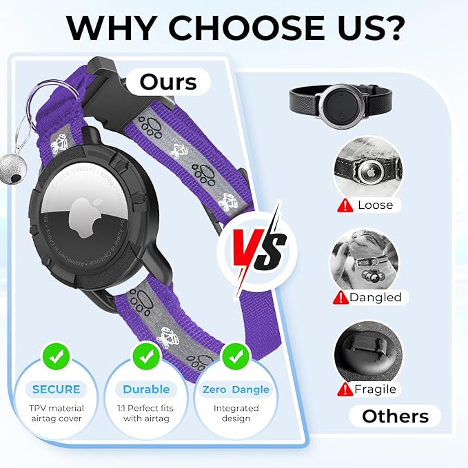 Breakaway AirTag Cat Collar, Reflective Cat Tracker Collar with Air Tag Holder and Bell, Safety Elastic Band Cat GPS Collars for Girl Boy Cats, Kittens and Puppies (Purple, 8-13'')
