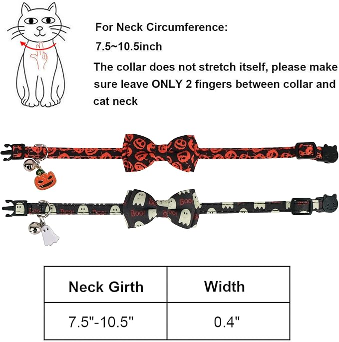 ADOGGYGO Halloween Cat Collar with Bowtie Bell, 2 Pack Halloween Kitten Collar with Removable Bow, Pumpkin Ghost Holiday Collars for Cat Kitten