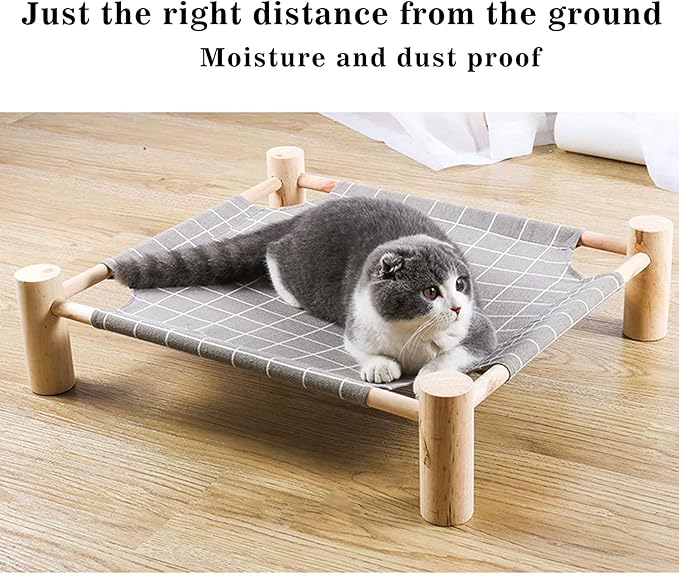 Pozico Elevated Cat Bed for Small Dogs & Cats – Raised Pet Hammock Bed, Wooden Frame Indoor Outdoor Dog Cot, Breathable Mesh Puppy Bed, Portable Cat Lounger – Grey Grid