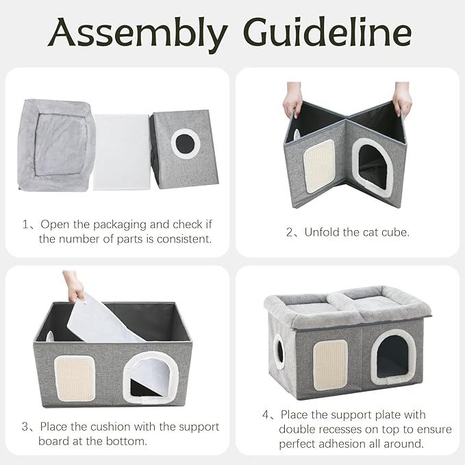 WINDRACING Cat House for Indoor Cats - 24.4" W Extra Wide Cat Bed Cave for Double Small Cats and Foldable with Scratch Pad, Cat Hideaway Condo for Kitten, 24.4x16.9x14.2 Inches, Light Grey