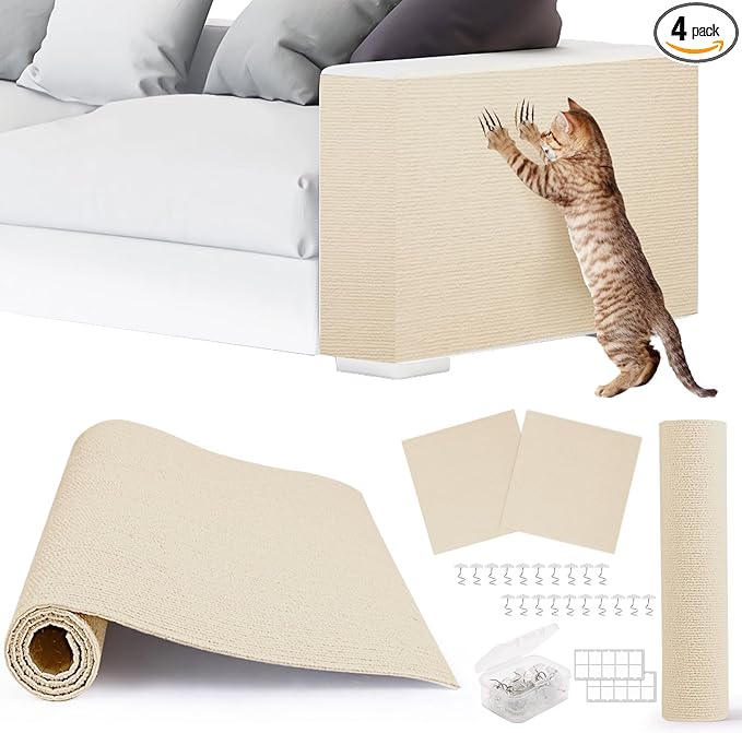 4pack Cat Scratch Couch Furniture and Wall Protector | Adhesive Cat Scratch Pad for Covering Cat Tower, DIY Climbing Cat Scratcher Couch Protector from Cat Claws Scratching (Off-White)