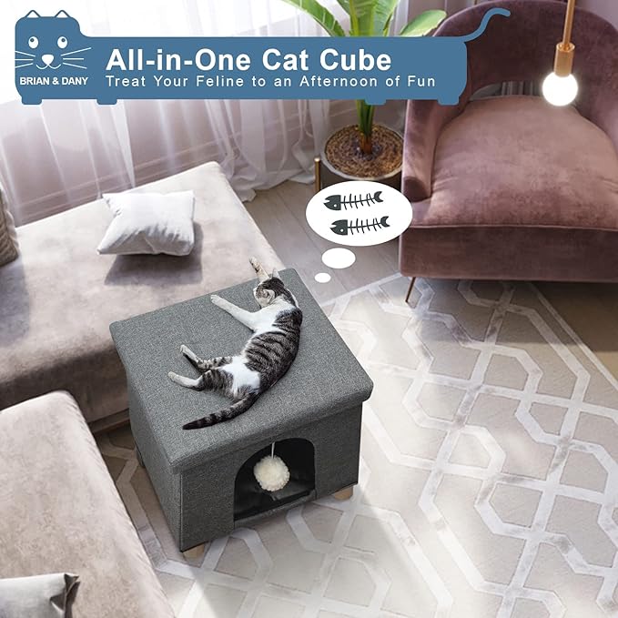 BRIAN & DANY Cat Beds for Indoor Cats,Large Cat Cave House for Kitten with Scratch Board & Ball, 17.7 x 14.8 x 15 inches, Gray (Large)