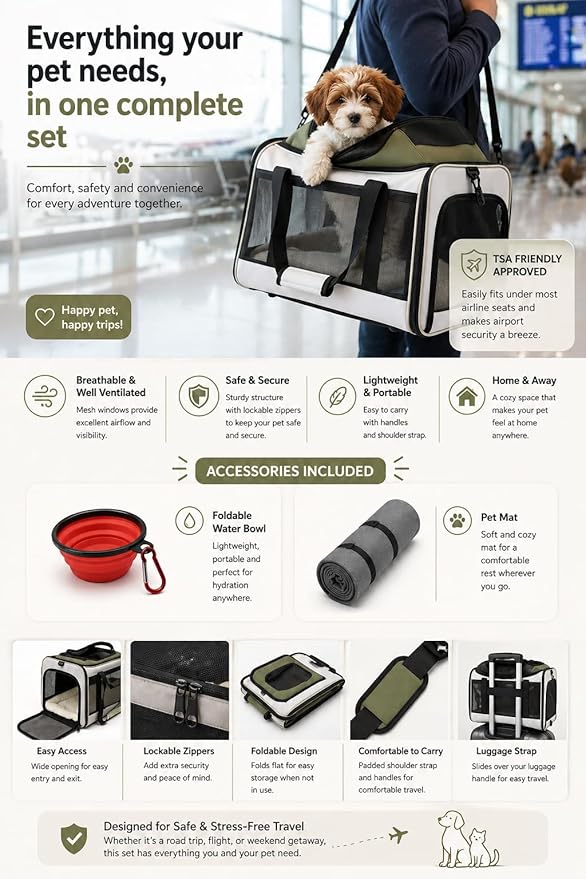 Cat Carrier Dog Carrier Airline Approved, Pet Carrier for 2 Cats Small Medium Dogs, Soft Cat Carrier 18x15x15 with Foldable Bowl & Washable Pad, TSA Approved Dog Carriers by Luniko Shop (Cream)