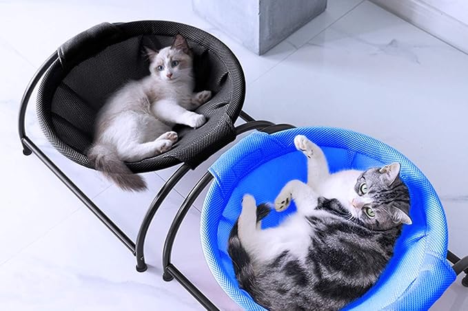 MeowWoof Cat Hammock Bed, Elevated Cat Stand, Washable Pet Sleep Supplies for Kitten Puppy (Blue Black)