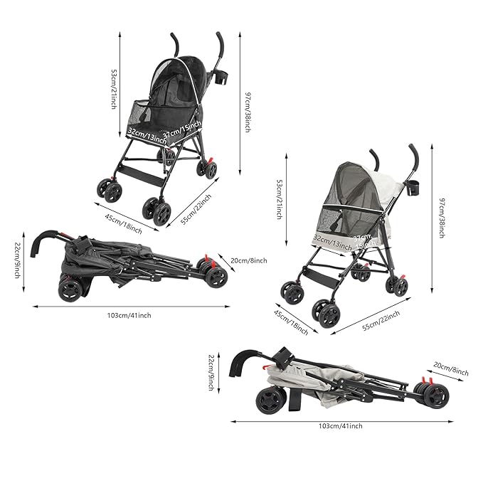 4-Wheel Pet Travel Stroller, Foldable & Lightweight Dog Cat Cage Jogger Stroller, Breathable and Visible Mesh for Small & Medium Dogs & Cats (Up to 22lbs) (Black)