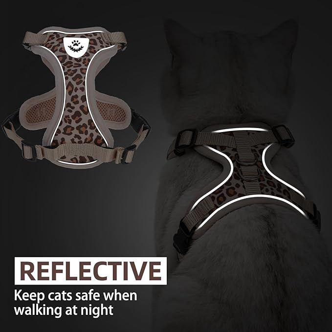 PUPTECK Cat Harness and Leash Set Escape Proof Reflective Cat Walking Harness Adjustable Soft Breathable Mesh Vest for Small Pets, Khaki Leopard Print, M