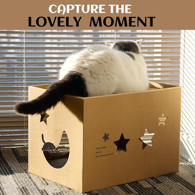 Cat Cardboard House with 2 PCS Scratching Pads,Large Cat Scratcher Bed Cat Scratchers Lounge for Indoor Cats with Corrugated Board Detachable Cat Scratcher Box for Cats(Star)