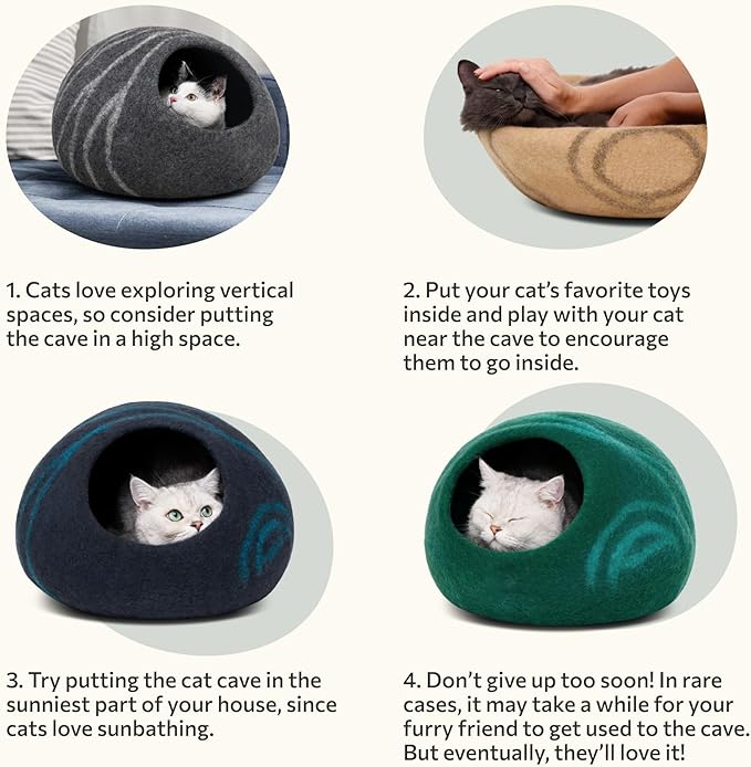 MEOWFIA Cat Cave – Premium Felt Cat Bed for Indoor Cats, Handmade Merino Wool (Aquamarine, Large)