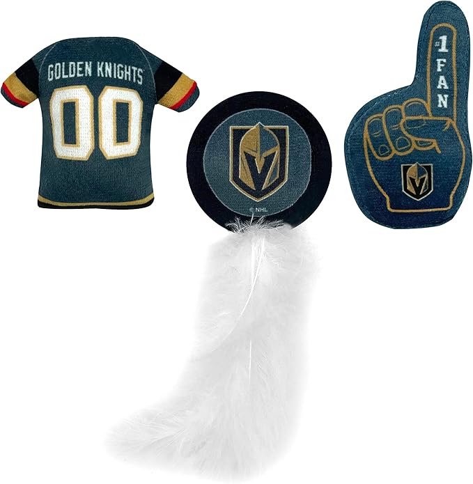 NHL LAS VEGAS GOLDEN KNIGHTS 3pc Cat Toy Set - Jersey, Hockey Puck & #1 Fan Toys, Filled with Catnip. Team Logo