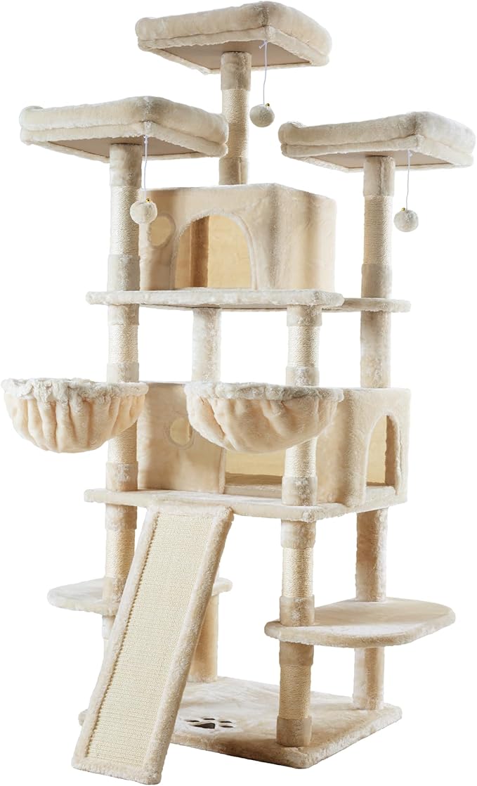 IMUsee 68 Inches Multi-Level Large Cat Tree for Large Kitties/Big Cat Tower with Condo/Cozy Plush Perches/Sisal Scratching Posts and Hammocks/ Feline Activity Center Play House/Beige
