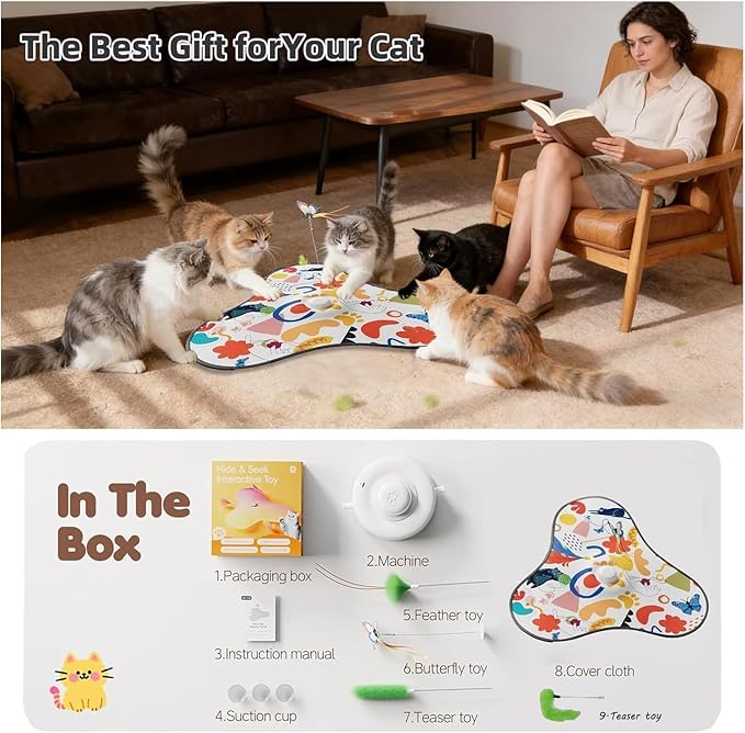 Interactive Cat Toys for Indoor Cats,3-in-1 Hide and Seek Cat Toy with Moving Concealed Wand Feather&Fluttering Butterfly,3 Prey Sounds,Auto Chargeable Play Mat for Bored Adult Cats&Kittens(White)