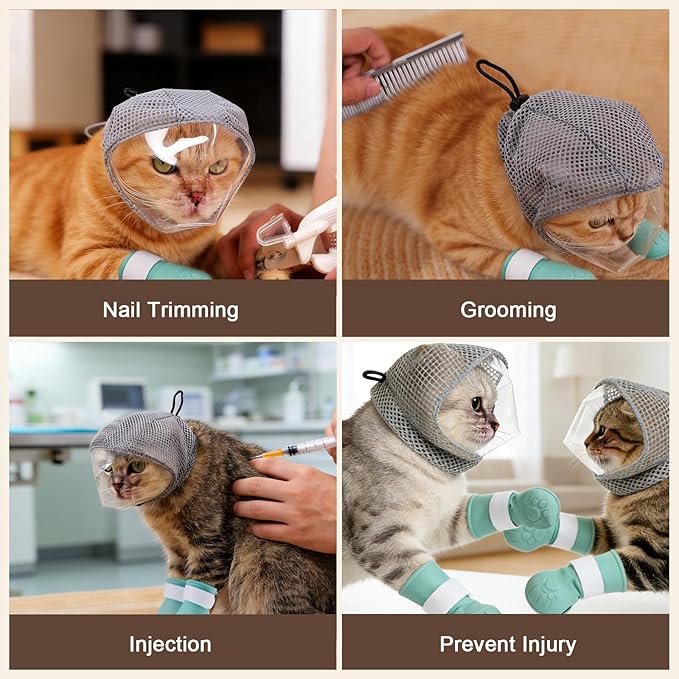 Adjustable Cat Muzzle for Grooming with 4 Paw Cover, Breathable Mesh Cat Head Cover, Anti-Bite Cats Mask, Silicone Paw Protector for Nail Trimming, Bathing (S)