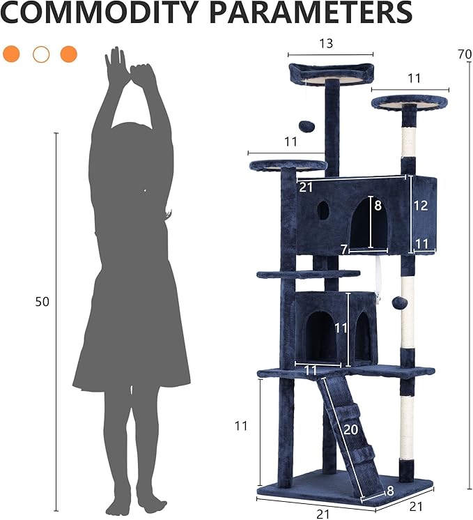 70 Inch Cat Tree Tower - Multi-Level Kitten Condo with Scratching Post, Plush Perch, Dangling Ball - Heavy Duty for Large Cats - Navy Blue