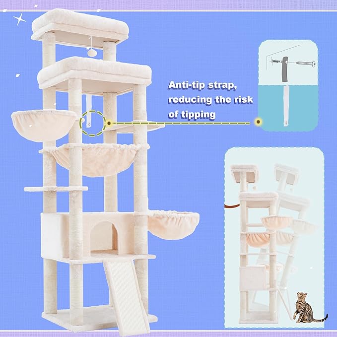 Hey-brother Cat Tree Tower, Scratching Posts with Extra Large Platform and Basket, Specious Condo, 2 Cozy Hammocks, Scratch Board for Indoor Adult Cats, Maine Coon 71.7 inches, Beige MPJ080M