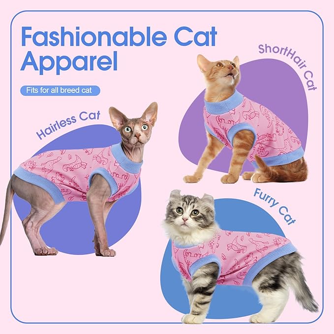 XX-Large Sphynx Hairless Cat Clothes with Dinosaur Print, Pullover Kitten T-Shirts Vest, Sleeveless Bodysuit Cat Pajamas Jumpsuit, Breathable Daily Wear Clothes for Cats