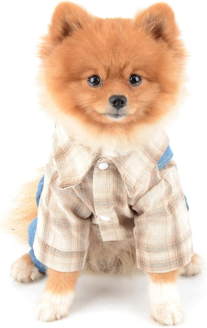 Shirt with Bib Pants for Dogs Plaid Tank Tops Tshirt Outfits for Small Male Dogs Puppies Chihuahua Overalls for Cats Apparel for Kittens Summer Adorable Pets Clothes Short Sleeves Khaki S