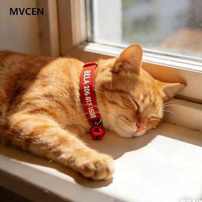 MVCEN Personalized Cat Collar,Personalized Nylon Cat Collar Breakaway with Bell - Custom Embroidered Text ID Collars with Pet Name and Phone Number