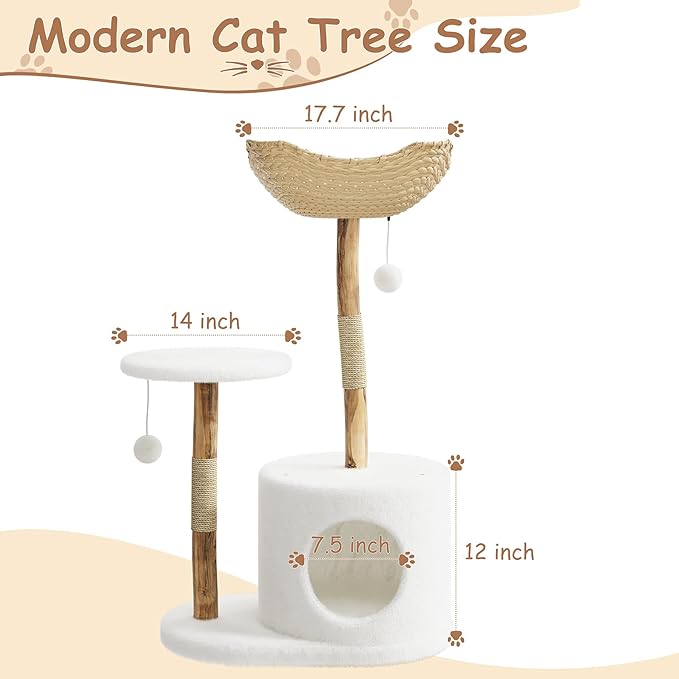 Luxury Wooden Cat Tree Tower for Large Cats41"/46" Modern Cat Condo with Natural Wood, Jute Scratching Posts, Spacious Woven Basket, Hanging Plaything Balls – Deluxe Indoor Cat Furniture, No locations