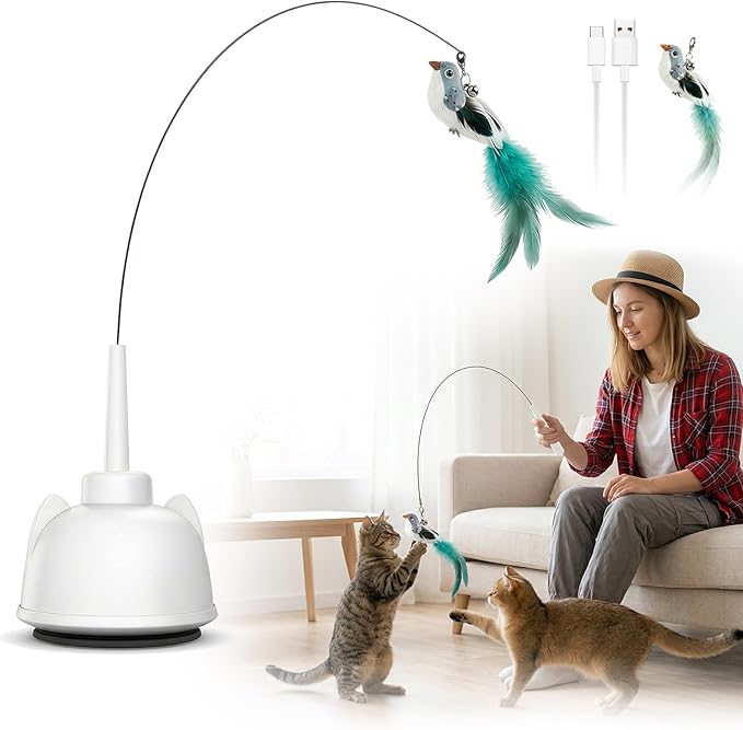 2 in 1 Electric Cat Wand Toy Interactive Cat Toys for Indoor Cats 360° Flying Bird Cat Toy, 2-Speed Fly Cat Chase Toy Automatic Cats Toys with Self ON/Off Suction Cup Electric Cat Teaser Wand