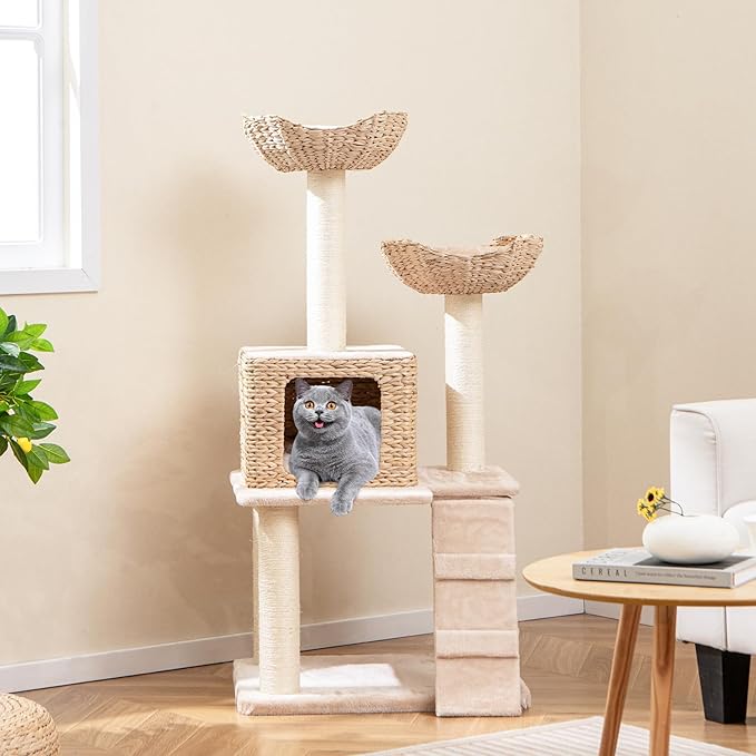 Tangkula Modern Cat Tree, 48 Inch Multi-Level Cat Tower with Sisal Scratching Posts, Cattail Fluff Condo & 2 Perches and Climbing Ladder, Aesthetic Cat Tree with Washable Cushions for Indoor Cats