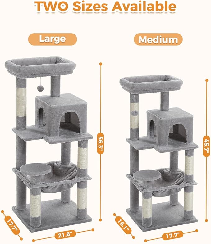 MUTTROS Cat Tree for Large Cats Adult with Metal Plush Big Hammock, 56.3" Cat Tower with 2 Door Condo House, 6-Tier Cat Shelves with Scratching Posts and Large Top Perch, Gray