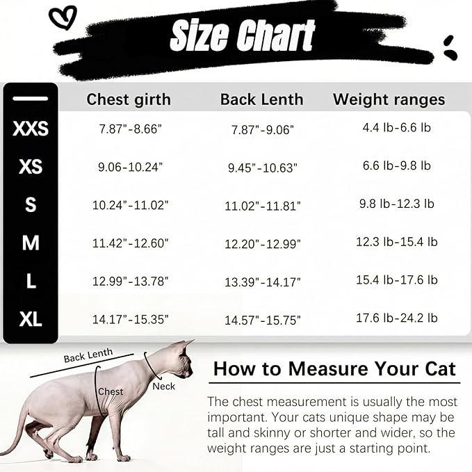 DENTRUN Heart Pattern Sphynx Hairless Cats Shirt, Kitten T-Shirts with Perlin Sleeves, Breathable Cat Wear Cute Sweater Adorable Hairless Cat's Clothes Vest Pajamas Jumpsuit