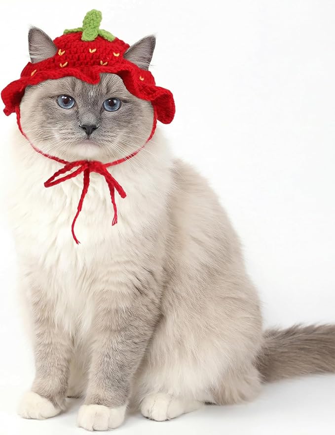 Thinp Strawberry Cat Hat, Cotton & Soft Cute Knitted Hats for Cats Crochet Cat Hat Birthday Holiday Party Christmas Knit Puppy Hats for Small Pets (Red, M)