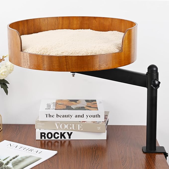 Cat Desk Bed - 360° Rotating & Adjustable Wooden Perch with Washable Pet Mat, Space-Saving Hammock for Home Office/Computer Desks (Wood)