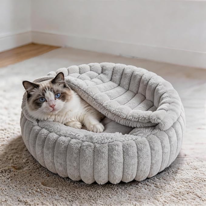Cat Beds for Indoor Cats, 2 in 1 Cat Cave Bed Kitten Bed for Small Pets, Small Dog Bed with Cover, Pet Bed for Puppy and Kitten with Anti-Slip Bottom-Light Gray-24 inches