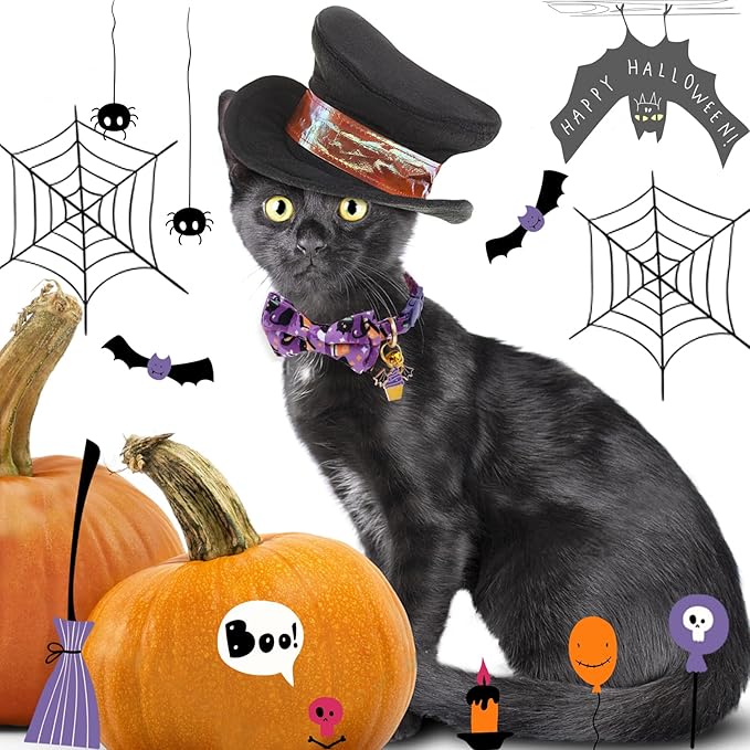 Faygarsle 2 Pack Cute Seasonal Cat Collar for Halloween and Fall Breakaway Collar with Bells Bowtie Cute Patterns for Female and Male Cats Green Purple Cat Collar