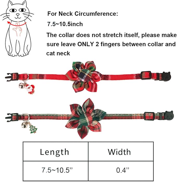 ADOGGYGO Christmas Cat Collar with Floral, 2 Pack Xmas Kitten Flower Collar, Red Green Plaid Christmas Collars for Cat Kitten