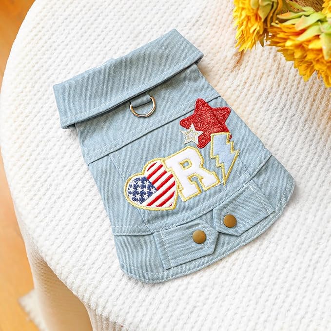 Trendy Dog Denim Vest with Embroidered Patches, Cute Puppy Jacket with D-Ring, Lightweight Pet Clothes for Small Dogs, Stylish Summer Outfit(M)