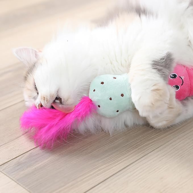 Ice Cream Kicker Catnip Crinkle Feather Soft Plush Cat Toy | Large Kicker Cat Toy for Bunny Kicks, Pouncing & Batting | Interactive Catnip Toy for Active Play