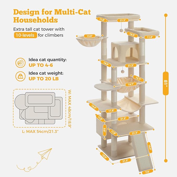 MUTTROS 81" Heavy Duty Cat Tree for Large Cats up to 20lbs - Extra Tall Cat Tower with Metal Frame Hammock, 6 Sisal Scratching Posts, 2 Perches - Indoor Cat Furniture for Maine Coon, Big Cats, Beige