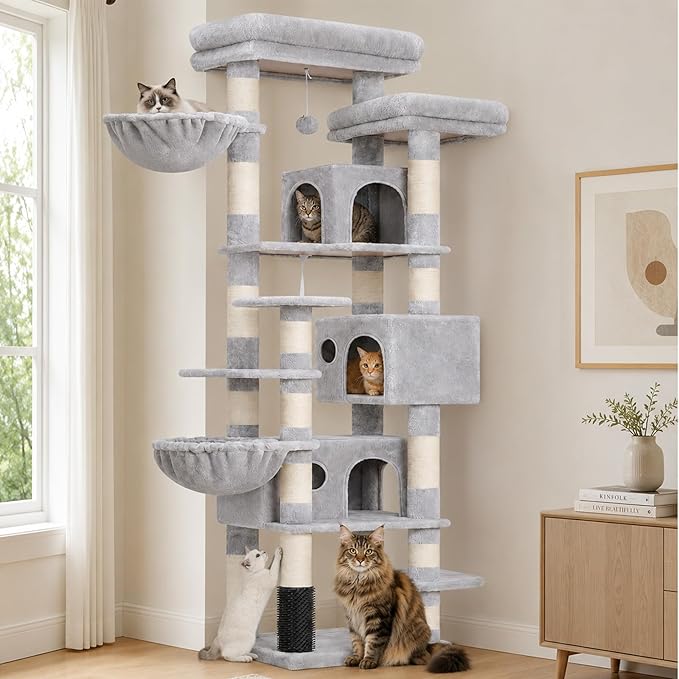 Hey-brother Cat Tree, 74 inches Multi-Level XL Large Cat Tower for Indoor Cats with Three Cat Condos, Two Large Top Decks and Cat Hairbrushfor Kittens, Cats and Pets, Light Gray MPJ035-MW