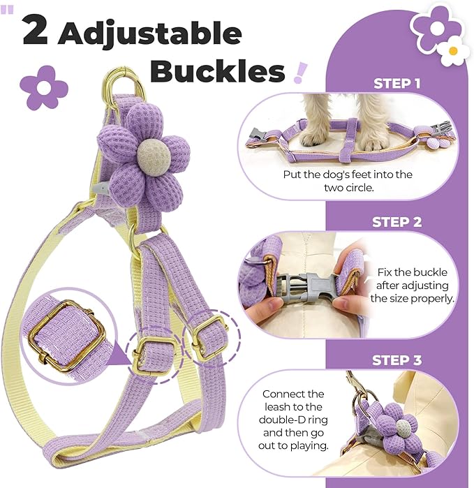 PETCARE Cute Flower Dog Harness and Bowtie Leash Set Easy Walk Puppy Dog Halter Harness for Small Dogs Girl Step in Dogs Harnesses with Buckle (Purple, Chest Adjustable 11"-17", Rope Width 0.59")