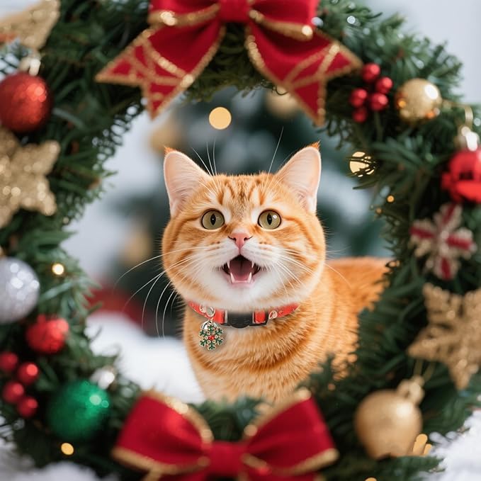 Christmas Cat Collar Breakaway 2 Pack, Cat Collar with Bell & Charms, Adjustable Kitten Cute Christmas Themed Safety Collar for Boys and Girls