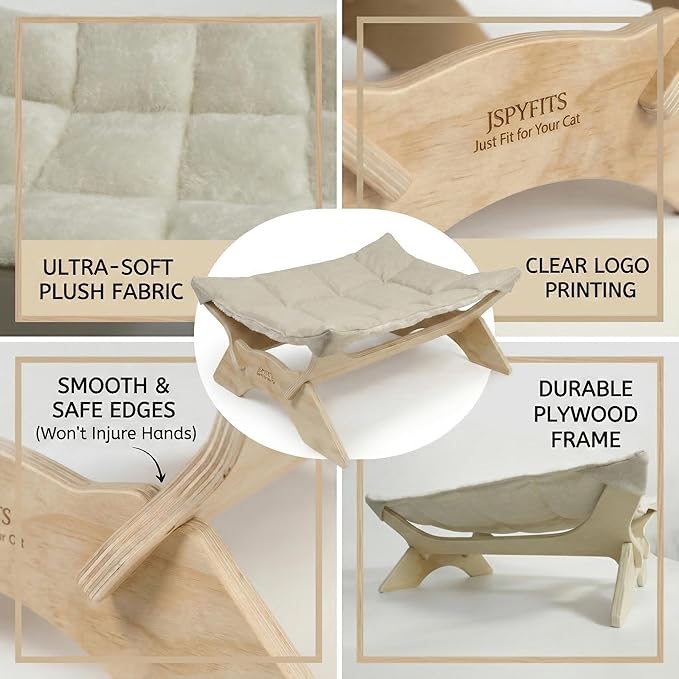 JSPYFITS Elevated Cat Bed Hammock, Raised Orthopedic Dog Bed with Dual-Sided Plush & Linen Cushion, Modern Cat Furniture for Medium to Large Cats, Easy Assembly(White)