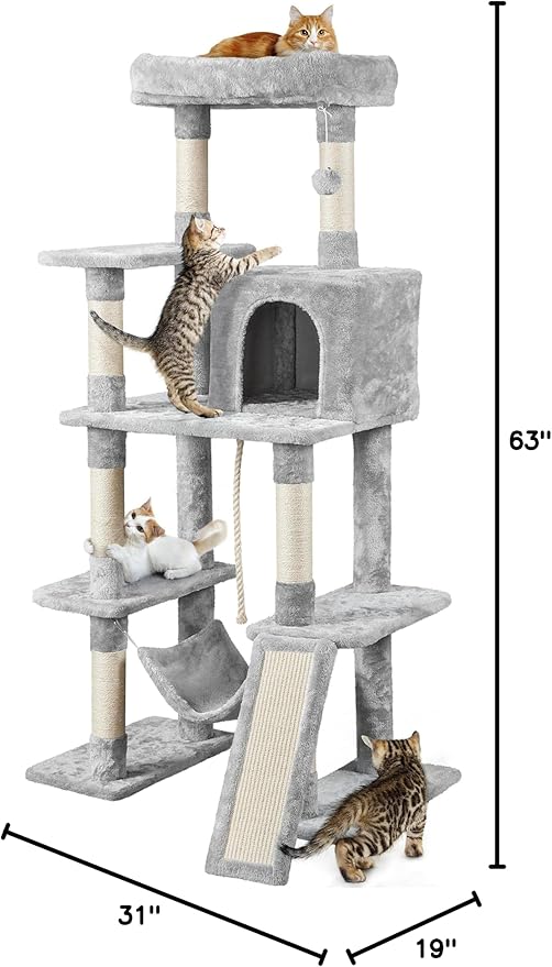 Topeakmart 63in Cat Tree, Large Cat Tower Furniture with Cat Condo, Padded Platform & Sisal-Covered Scratching Post, Stable Cat Tower Pet Play House