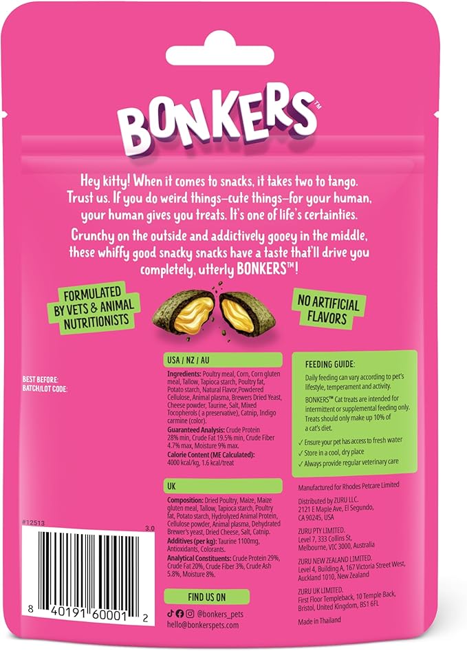 Bonkers Bites Catnip & Chick 'N' Cheddar Flavor Crunchy & Soft Treats for Cats, 3oz Bag (Pack of 10)