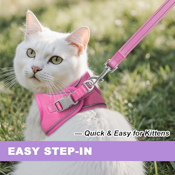 Cat Harness and Leash Set,Escape Proof Kitten Harness,Step in Adjustable Soft Lightweight,Easy Control,Reflective Strips Comfortable for Walking Travel(Pink,S)