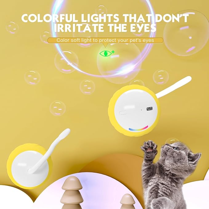 Upgraded Interactive Cat Toys Ball for Indoor Cats - Cat Ball Features Touch and Voice Activation, 2 Speed Settings (Fast and Slow), Interchangeable Tail Attachments for Bored Indoor Cats (Yellow)