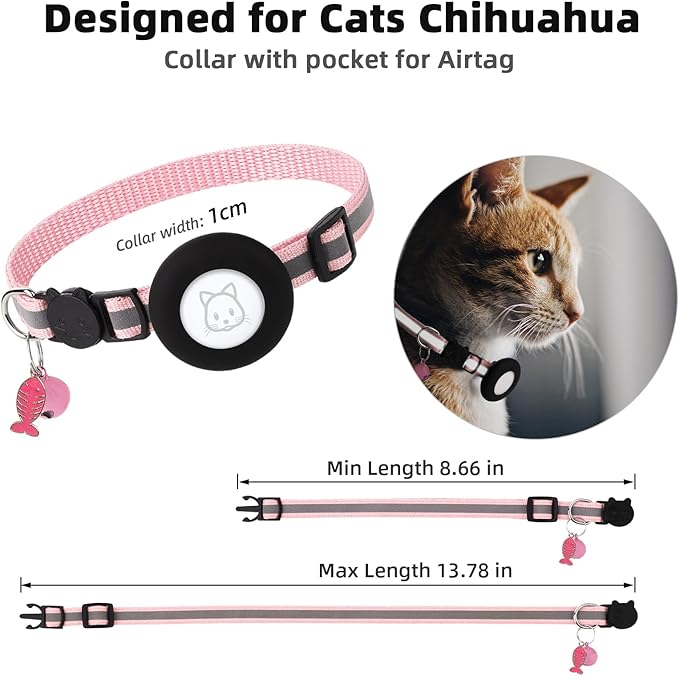 Airtag Cat Collar, Air tag Cat Collar with Bell and Safety Buckle in 3/8" Width, Reflective Collar with Waterproof Airtag Holder Compatible with Apple Airtag for Cat Dog Kitten Puppy (Black+Pink)