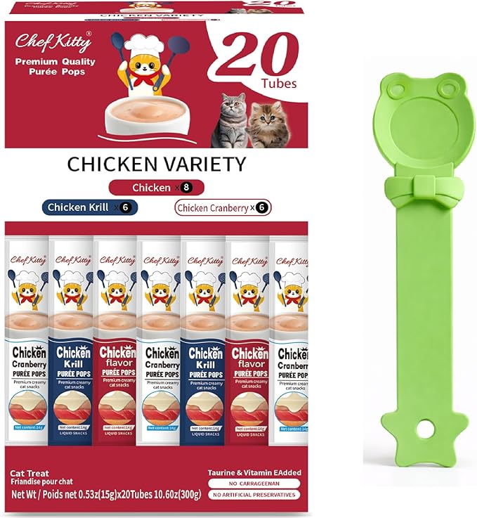Purée Pops + Green Feeding Spoon, Grain-Free, Lickable, Squeezable Creamy Cat Treat/Topper, 20 Tubes, Chicken Mix Variety