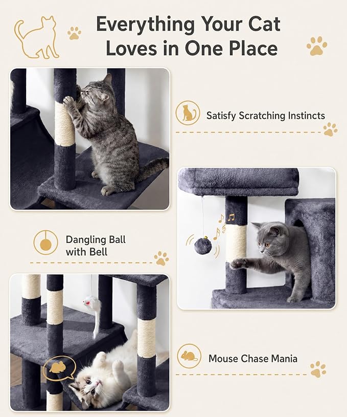 Heavy Duty Cat Tree for Indoor Cat, 71 Inch Large Cat Tower with Scratching Post and Top Perch, Hammock, Big Cat Condo for Adult Cats Kittens, PMT03DG, Dark Grey