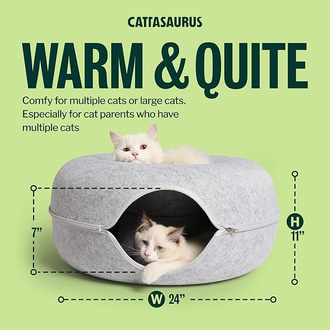 Cattasaurus Peekaboo Cat Cave Donut for Multiple & Large Cats up to 30-45 lbs, 3-in-1 Self Warming Cat Bed, Tunnel & Scratcher for Indoor Cats, Washable & Detachable (Light Gray + Dark Gray, Large)